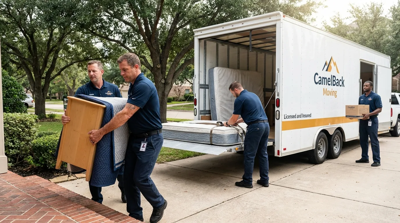 Crew loading residential truck for cross-state move from East Rochester, NY