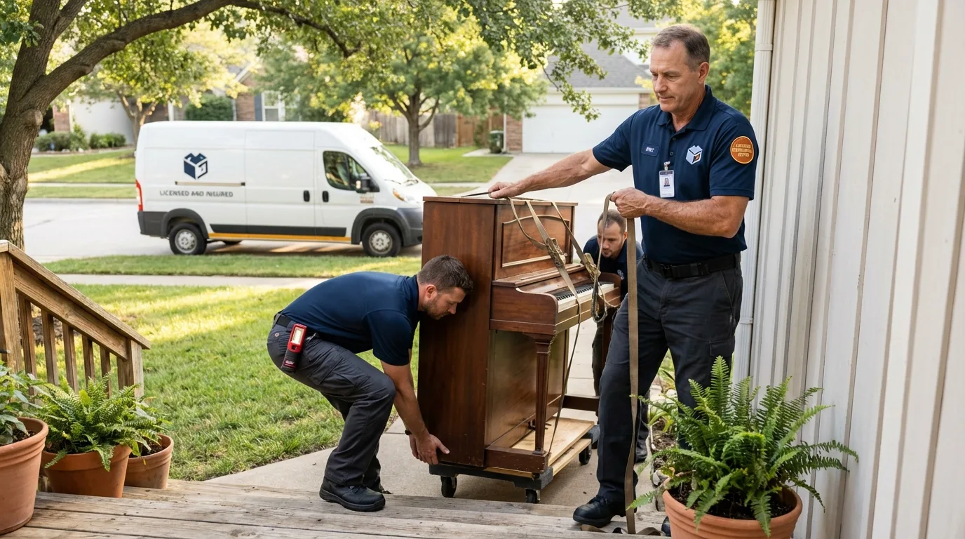 Licensed piano movers securing grand piano in East Rochester, NY