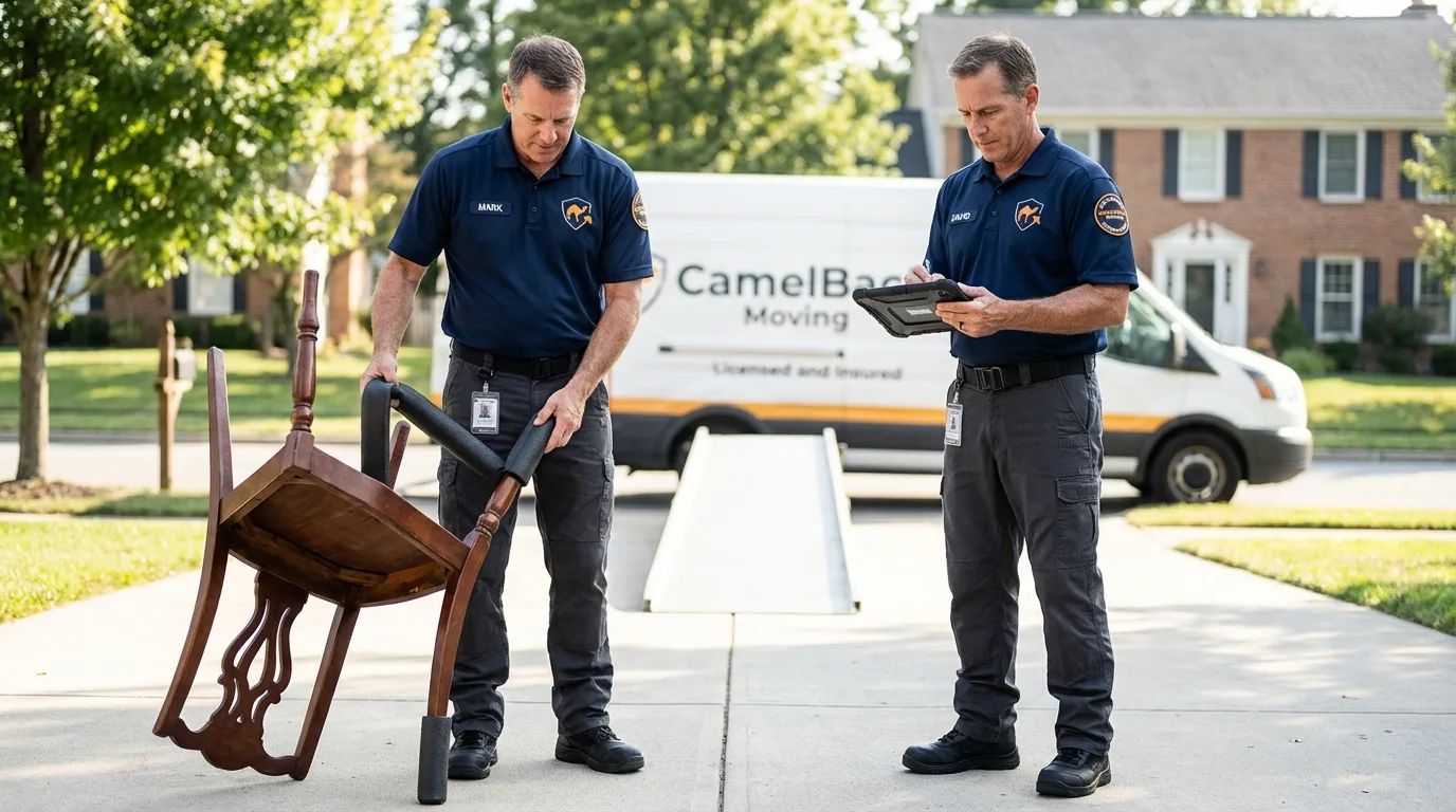 Movers inspecting furniture for damage prevention before loading in East Rochester, NY