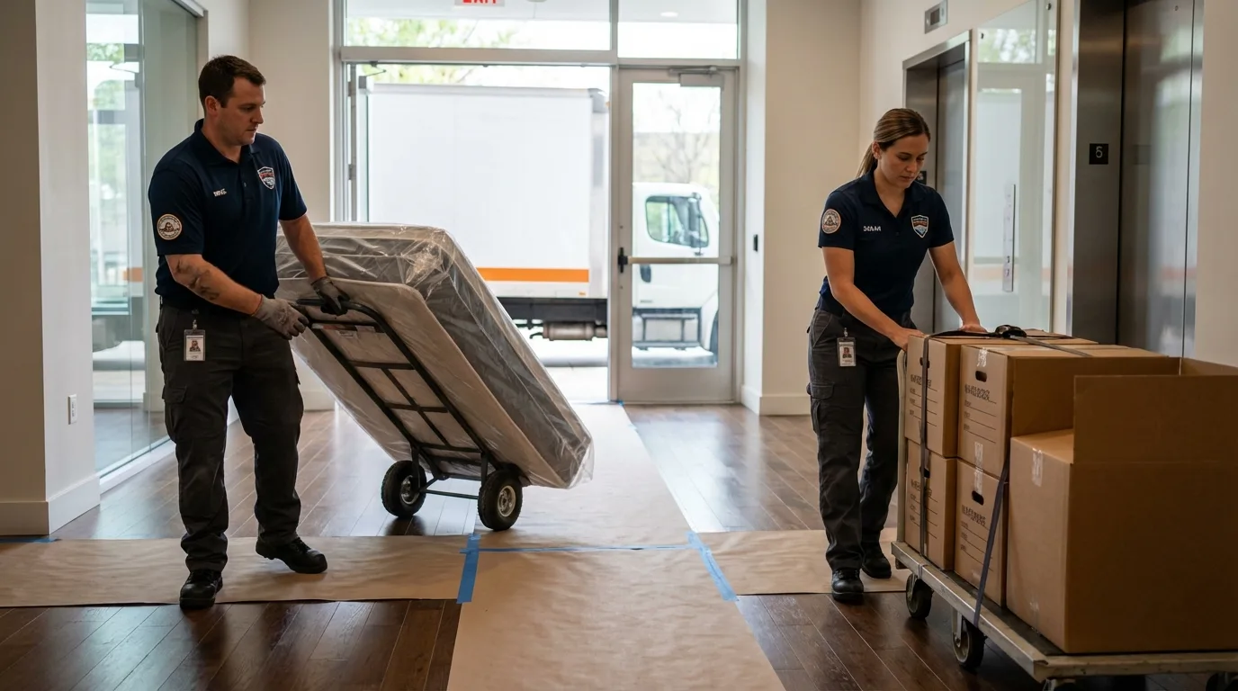 Professional apartment movers loading elevator in East Rochester, NY