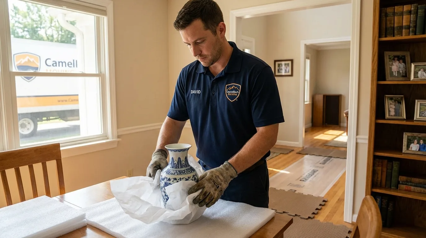 Professional crew carefully wrapping antique vase for senior downsizing move in East Rochester, NY