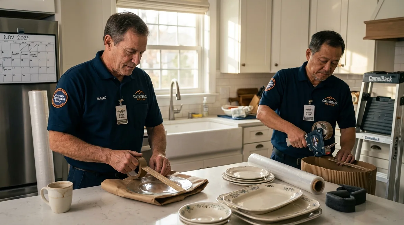 Professional crew packing kitchen dishware in East Rochester, NY